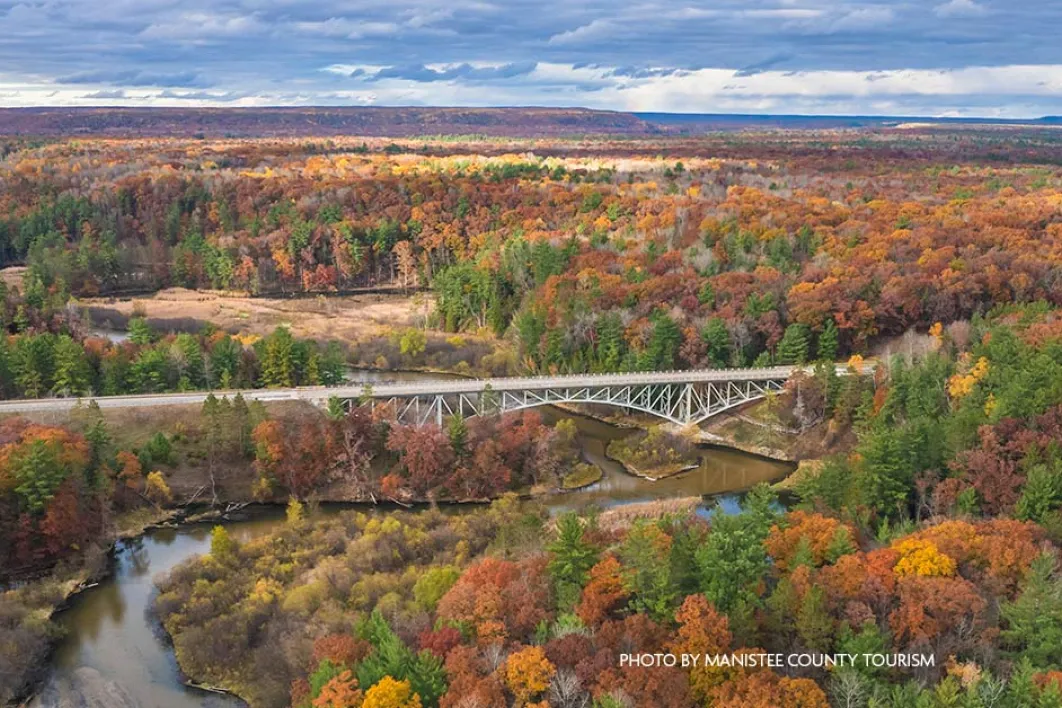 aerial view of fall colors in Manistee County michigan